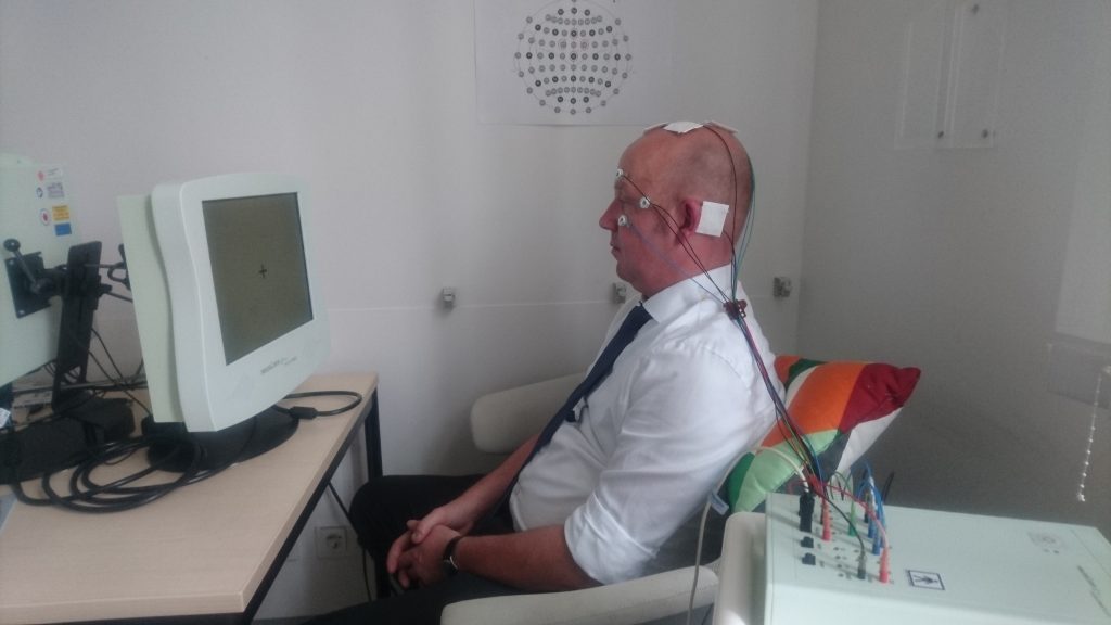 A participant receiving EEG neurofeeback